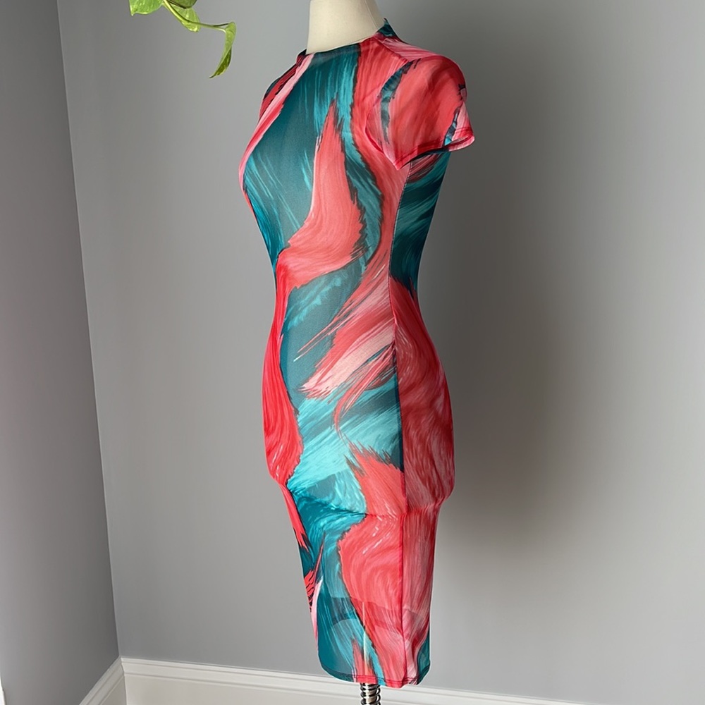 FashionNova fully lined sheer mesh teal red pink dress size S - Picture 3 of 8